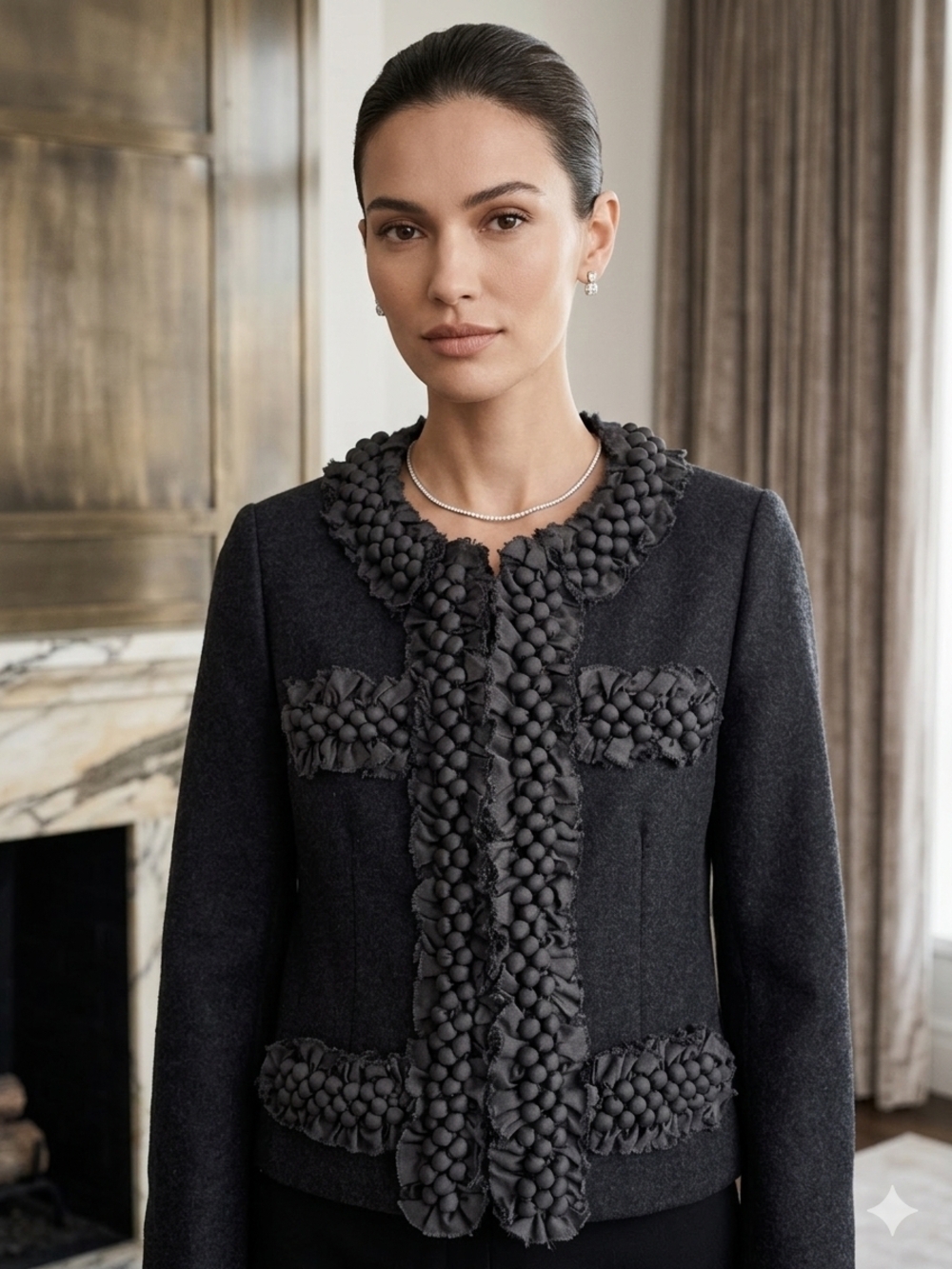 J. Crew Collection Charcoal Wool Ruffle & Bobble Trim Lady Jacket